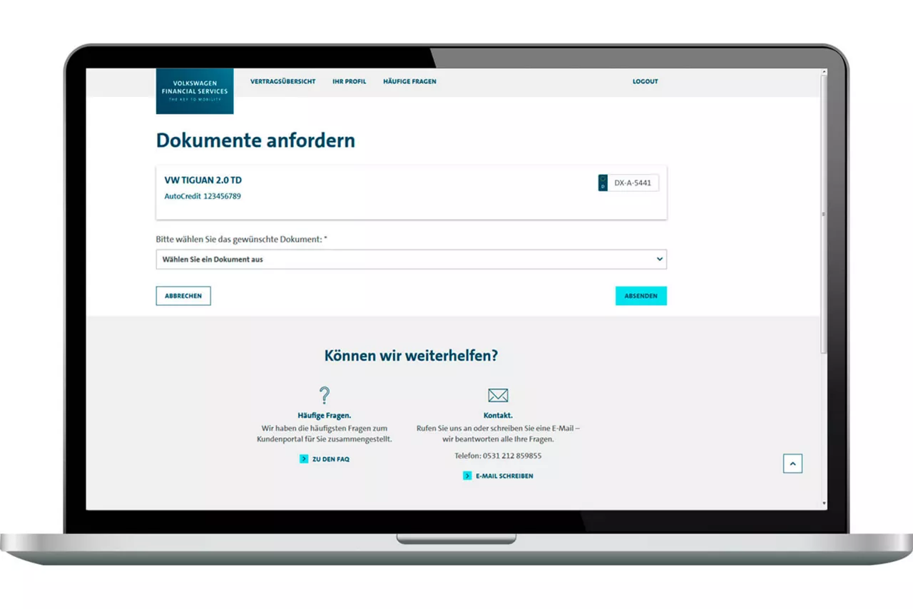 Übersicht Dokumente anfordern im VWFS-Kundenportal