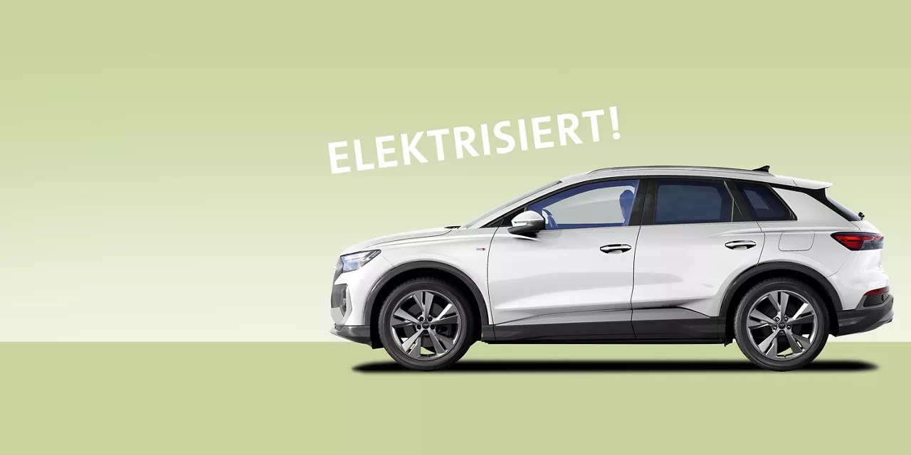 Weißer Audi e-tron steht seitlich vor grünem Hintergrund mit Schriftzug elektrisiert steht drüber